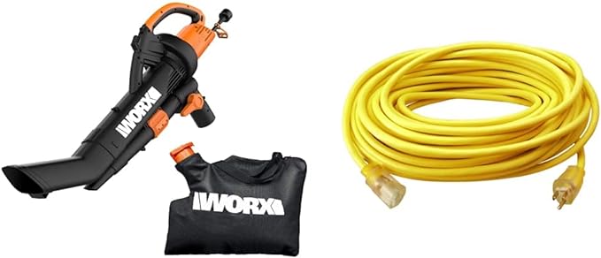 Worx 12 Amp TRIVAC 3-in-1 Electric Leaf Blower & Southwire 2588SW0002 Outdoor Cord-12/3 SJTW Heavy Duty 3 Prong Extension Cord-for Commercial Use (50', Yellow), 50 Feet