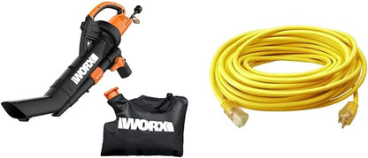 Worx 12 Amp TRIVAC 3-in-1 Electric Leaf Blower & Southwire 2588SW0002 Outdoor Cord-12/3 SJTW Heavy Duty 3 Prong Extension Cord-for Commercial Use (50', Yellow), 50 Feet