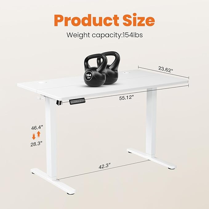 Sweetcrispy Standing Desk -55 in Electric Standing Desk, Height Adjustable Stand Up Desk for Home Office, Sit Stand Desk Stable Computer Rising Desk with Spliced Board, 2 Storage Hooks, White