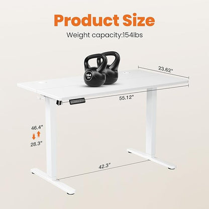 Sweetcrispy Standing Desk -55 in Electric Standing Desk, Height Adjustable Stand Up Desk for Home Office, Sit Stand Desk Stable Computer Rising Desk with Spliced Board, 2 Storage Hooks, White