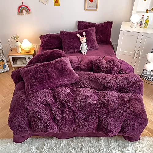Faux Fur Kids Girls Grape Purple Comforter Sets King - 3PC Bed Set Warm Comfortable Soft Plush Flannel Velvet Fluffy Fuzzy Bedding（Comforter x 1 Pillowcases x 2）