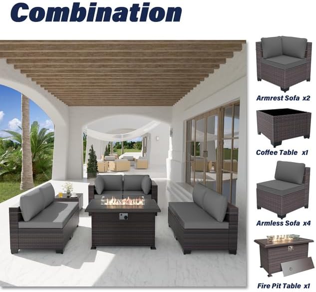 Patio Furniture Set with Fire Pit Table 8 Pieces Outdoor Sectional Furniture Outdoor Rattan Patio Conversation Sets with 43in 55,000 BTU Propane Gas Fire Pit Table Glass Table, Grey