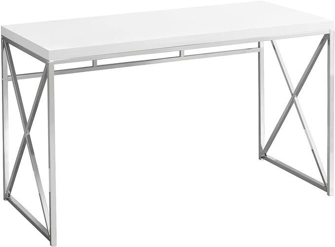Monarch Specialties 7205 Computer Desk, Home Office, Laptop, Work, Laminate, Contemporary, Modern Desk-48 L Glossy White Chrome Metal, 47.25" L x 23.75" W x 29.75" H