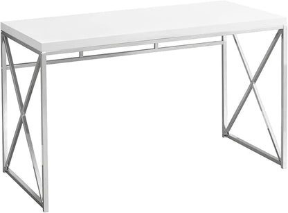 Monarch Specialties 7205 Computer Desk, Home Office, Laptop, Work, Laminate, Contemporary, Modern Desk-48 L Glossy White Chrome Metal, 47.25" L x 23.75" W x 29.75" H