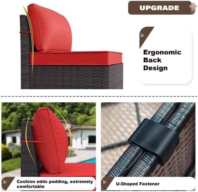 Patio Furniture Set Sofa 12-Pieces Wicker Sectional Sofa Set, Outdoor Furniture Rattan Patio Conversation Set with Thickened Cushions and Glass Coffee Tables, Red