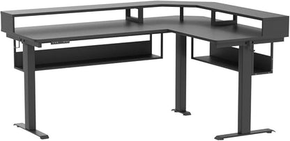 FEZIBO 63Inch L Shaped Standing Desk with Shelves, Large Storage Adjustable Desk with Triple Motors,Corner Desk Double Shelves with Light Strip, Black