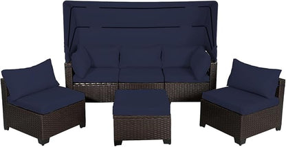 6 PCS Outdoor Patio Furniture Set,Sectional Sofa Set,Rattan Daybed with Retractable Canopy,Adjustable Backrest,Storage Coffee Table,Chaise Chair Sunbed for Garden Poolside Backyard(Navy Blue)