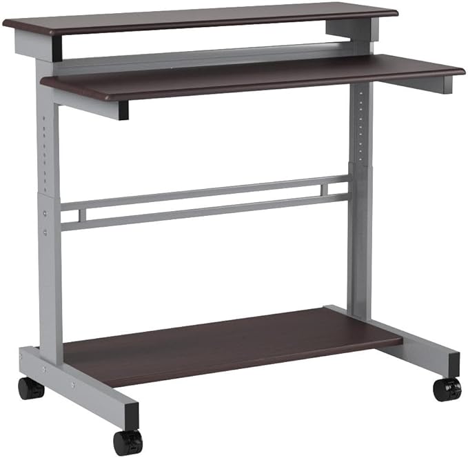 Stand Up Desk Store Rolling Adjustable Height Two Tier Standing Desk Computer Workstation (Silver Frame/Dark Walnut Top, 48" Wide)