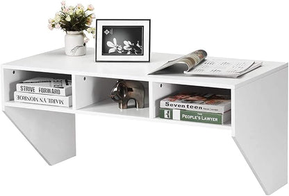 Computer Floating, Home Office Working, 42.5” Laptop Table Writing w/Storage Shelves, Modern Console Media Cabinet Wall Mounted Desk Hutch, White