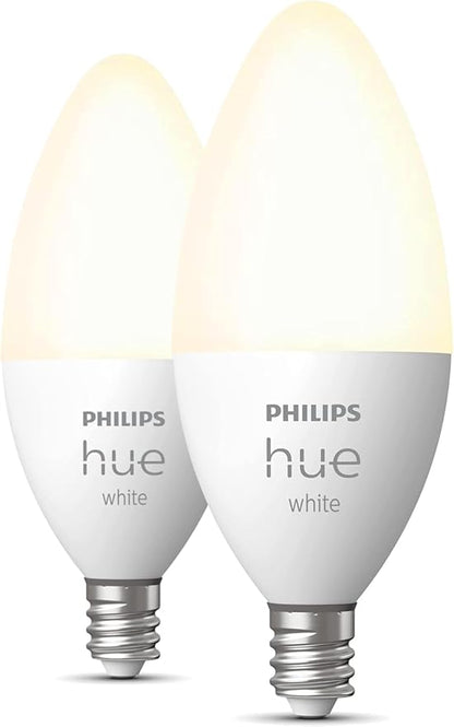 Philips Hue Smart 40W B39 Candle-Shaped LED Bulb - Soft Warm White Light - 2 Pack - 450LM - E12 - Indoor - Control with Hue App - Works with Alexa, Google Assistant and Apple Homekit