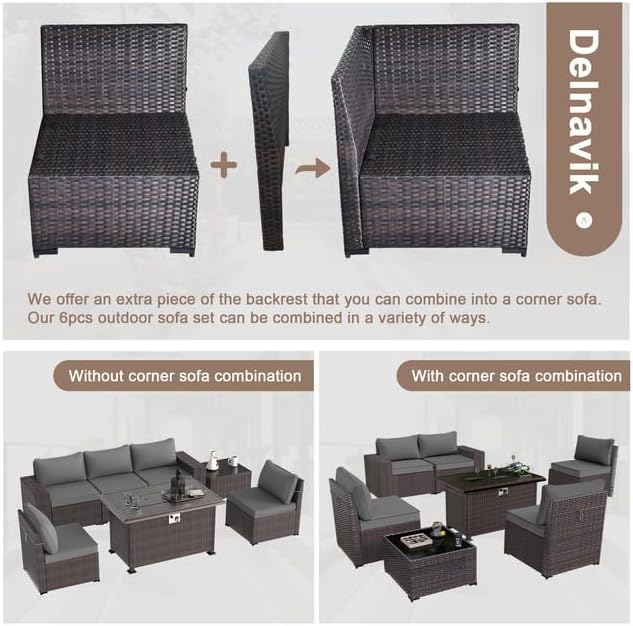 Patio Furniture Sectional Sofa Set 7 Pieces PE Rattan Patio Conversation Set w/43in Gas Fire Pit Table, Outdoor Furniture with 55000 BTU Propane Fire Pit, Grey