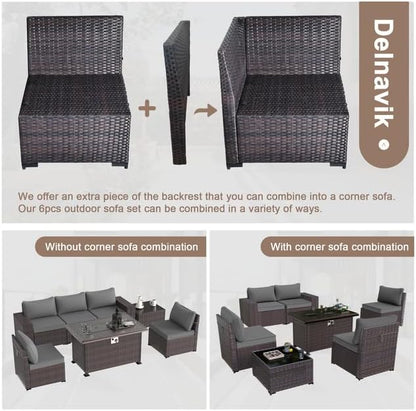 Patio Furniture Sectional Sofa Set 7 Pieces PE Rattan Patio Conversation Set w/43in Gas Fire Pit Table, Outdoor Furniture with 55000 BTU Propane Fire Pit, Grey