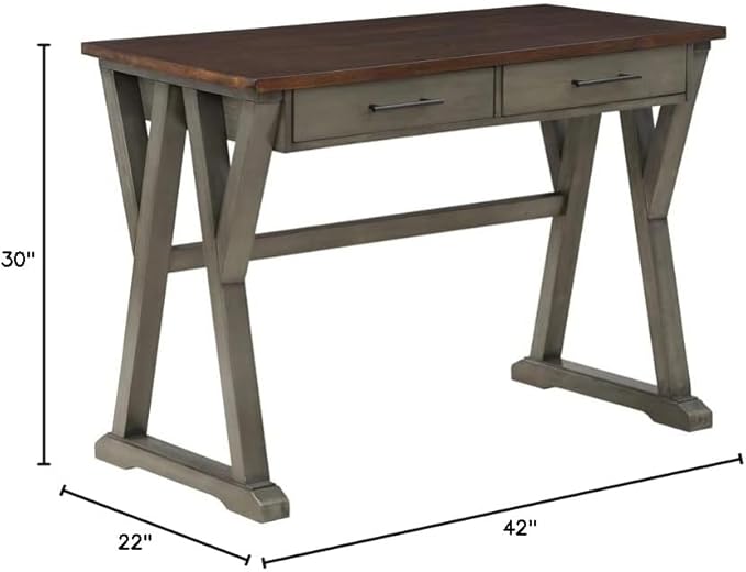 OSP Home Furnishings Jericho Rustic 42 Inch Writing Desk with 2 Drawers and Burnished Decorative Hardware, Slate Gray