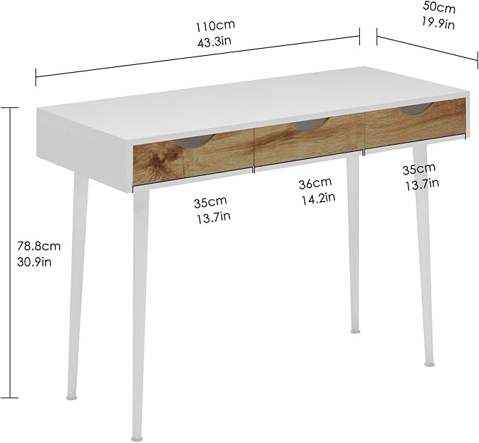 SogesHome 43.3 Computer Desk, Home Office Work Table with 3-Drawers, Gaming Working Writing Table, White&Teak