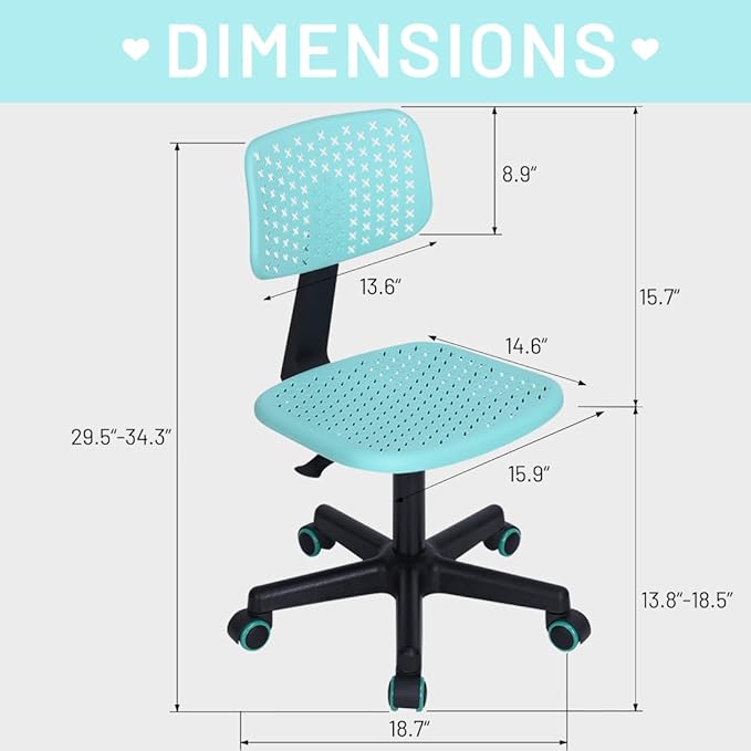 Desk Chair Armless Cute Office Chair, Low Back Rolling Home Office Task Chair Adjustable Swivel Study Chair for Girls Teens Adults Children Kids, Turquoise