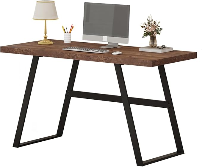 BON AUGURE Computer Desk, Modern Simple Wood Home Office Desk, Wood and Metal PC Writing Workstation, Walnut Sturdy Home Office Desks (55 Inch, Rustic Oak)