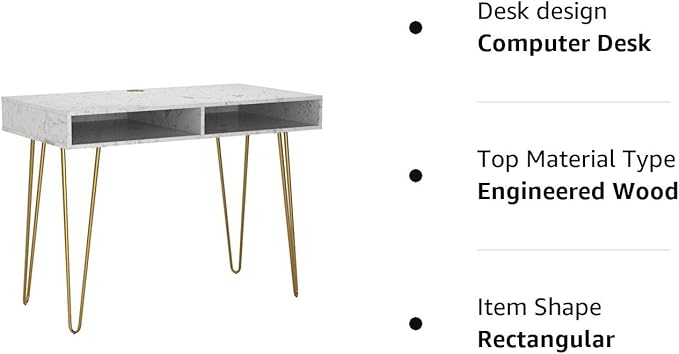 Novogratz Athena Computer Desk with Storage, White Marble