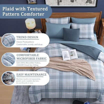 Blue Comforters Queen Size, Plaid Queen Bedding Sets for Boys & Girls,Classic Homestead-Style Bed in A Bag Queen with Sheets and Comforter Set (Light Blue,Queen,90"*90")