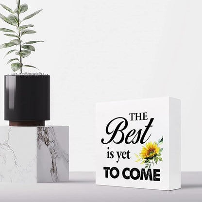 The Best is Yet to Come Sunflower Wood Block Sign Desk Decor,Rustic Inspirational Wooden Box Plaque Sign Desk Decor for Home Office Shelf Table Decorations