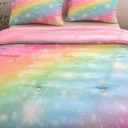 NINENINE Pink Rainbow Bedding Set Girls Bedding Set King for Girls Boys Women Soft Microfiber Stars Glitter Bedding Comforter Set -includes 1 Comforter with Matching Pillowcases……