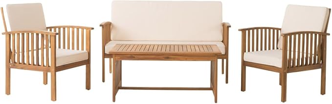 Christopher Knight Home Carolina Outdoor Acacia Sofa Set, 4-Pcs Set, Brown Patina + Cream Cushion