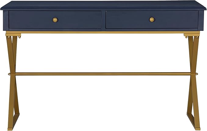 Linon Campaign Desk Navy with Gold Legs, Blue