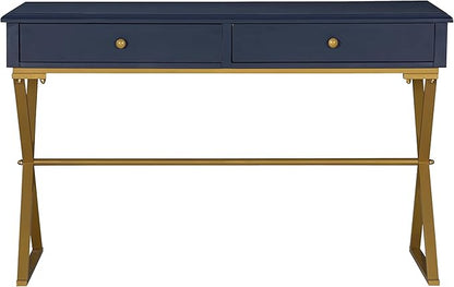 Linon Campaign Desk Navy with Gold Legs, Blue