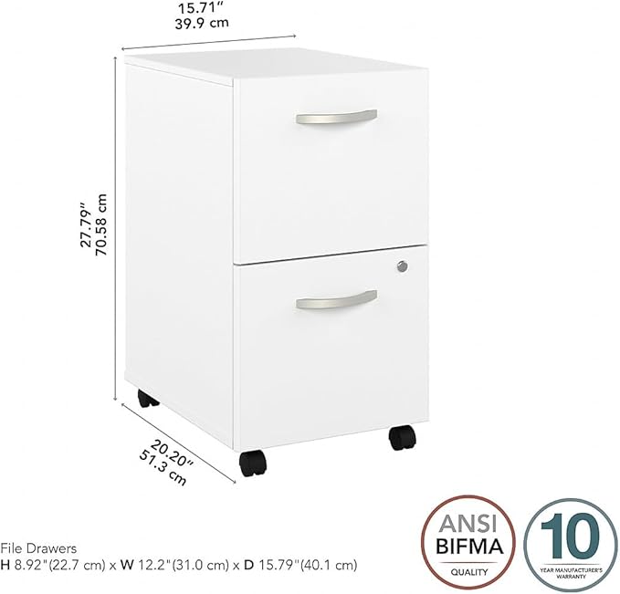 Bush Business Furniture Hybrid 2-Drawer Mobile File Cabinet, Letter/Legal, White, 20-inch (HYF116WHSU-Z)