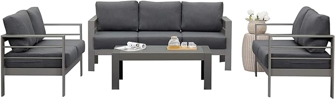 Wisteria Lane Aluminum Outdoor Patio Furniture Set, Modern Patio Conversation Sets, Outdoor Sectional Metal Sofa with 5 Inch Cushion and Coffee Table for Balcony, Garden, Dark Grey