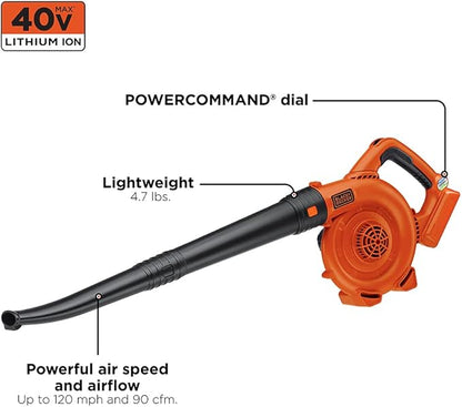 BLACK+DECKER 40V MAX Cordless Blower, Hard Surface Sweeper, Variable Speed Up To 120 MPH, with Battery and Charger (LSW36)