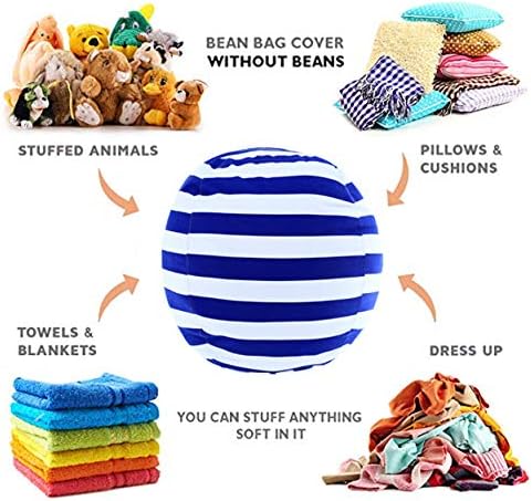 2 Packs Stuffed Animal Storage Beanbag Cover 24" Bean Bag Storage for Kids Girs Boys Room Toys Organizer Heavy-duty Zipper Bean Bag Chair Covers Only Grey Blue White Stripes Cotton Canvas