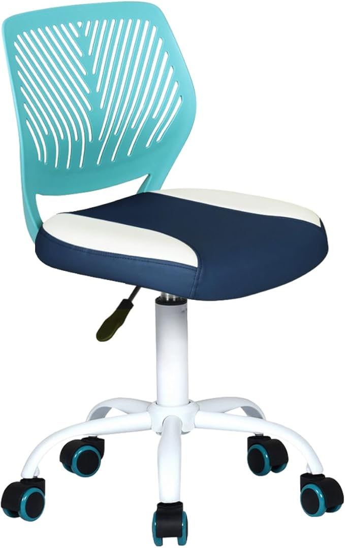 Desk Chair Small Study Chairs Armless for Children Kids Teens, Swivel Rolling Lightweight Task Chair with Wheels and Pu Leather Padded Cushion, Green/Navy