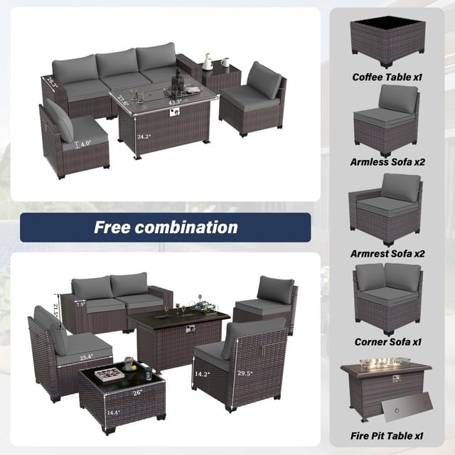 Patio Furniture Sectional Sofa Set 7 Pieces PE Rattan Patio Conversation Set w/43in Gas Fire Pit Table, Outdoor Furniture with 55000 BTU Propane Fire Pit, Grey