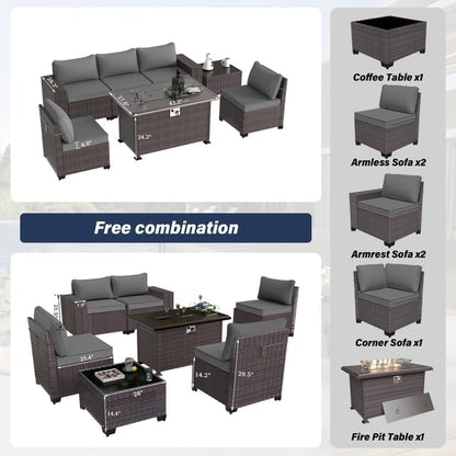 Patio Furniture Sectional Sofa Set 7 Pieces PE Rattan Patio Conversation Set w/43in Gas Fire Pit Table, Outdoor Furniture with 55000 BTU Propane Fire Pit, Grey
