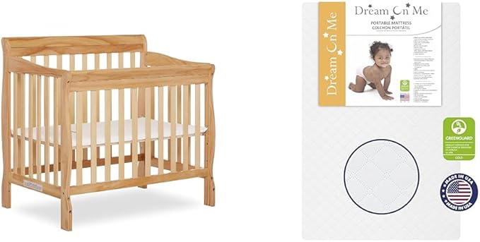 Aden 4-in-1 Convertible Mini Crib in Natural, Greenguard Gold Certified & Sunset 3” Extra Firm Fiber Crib Mattress, Greenguard Gold Certified, Waterproof Vinyl Cover
