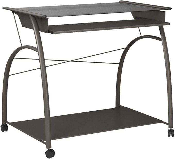 Acme Vincent Glass Top Computer Cart with Pull-out Keyboard in Pewter