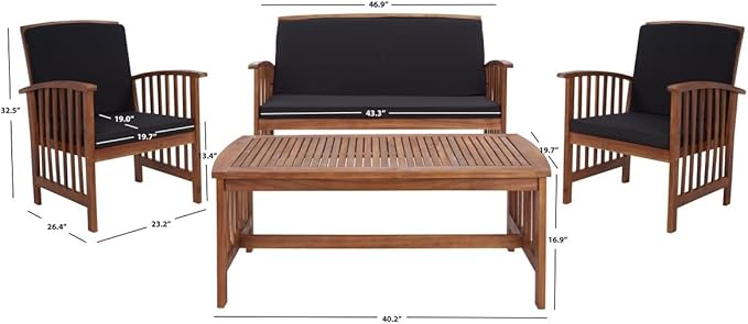 SAFAVIEH Outdoor Collection Rocklin Natural/ Black Cushion 4-Piece Conversation Patio Set