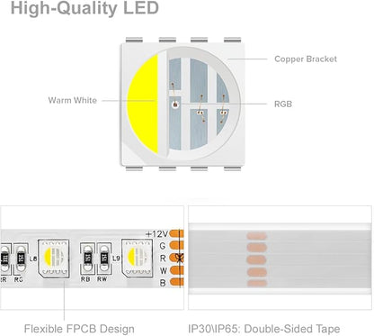 BTF-LIGHTING 5050 RGBW RGB+Cool White(6000K-7000K) 4 Colors in 1 LED Tape Light DC12V 5m 16.4ft 60LED/m Multi-Colored IP67 White 14mm PCB for Bedroom Kitchen Home Decoration(No Adapter or Controller)