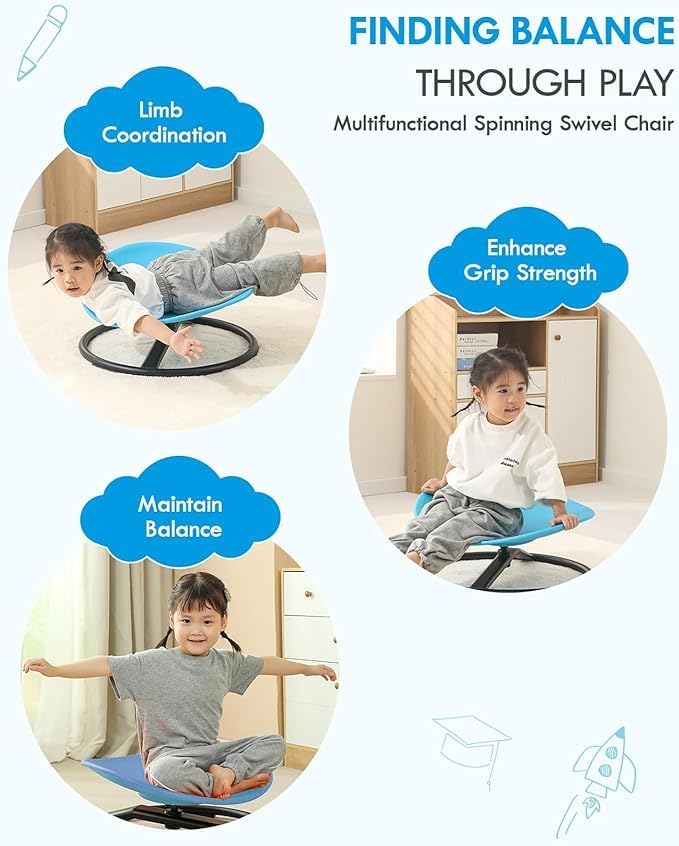 Giggle & Play Kids Swivel Chair, Sensory Spinning Chair, Body Balance Physical Therapy Equipment, Autism Swivel Chair, Montessori Carousel Spinning Toy Chair - 360° Sit and Spin (Blue)