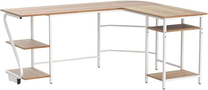 L Shaped Desk Reversible, Corner Computer L Desk with Storage Shelves, Modern Gaming Desk Workstation for Home Office, Walnut