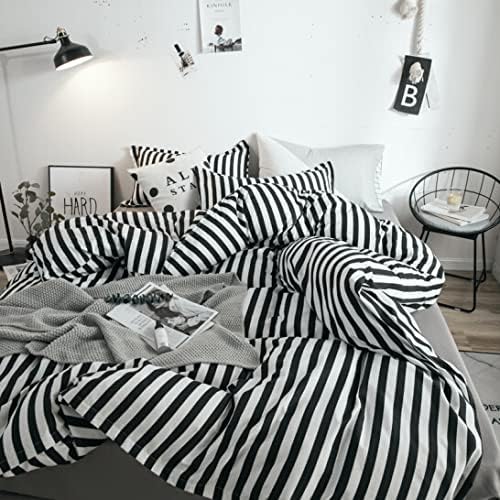 White&Black Stripes Comforter Set Full Women Bedding Set Soft Durable White Striated Bedding Set Black Stripes Ticking Quilts Hotel Quality Comforter Set Girls boy White Black Stripes Bed Set
