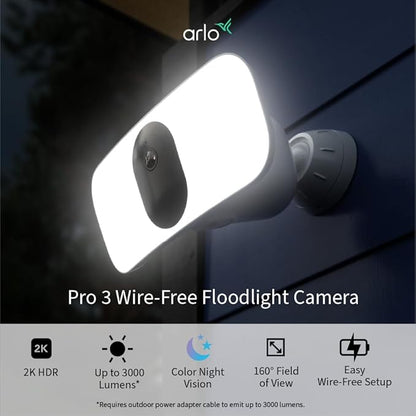 Arlo Pro 3 LED Floodlight Security Camera 2K HDR 2000-3000 Lumens | Wire-Free | Protect Driveways & Alleyways | Connects to Wi-Fi | Color Night Vision, Motion Sensor, 2-Way Audio, Rechargeable (White)