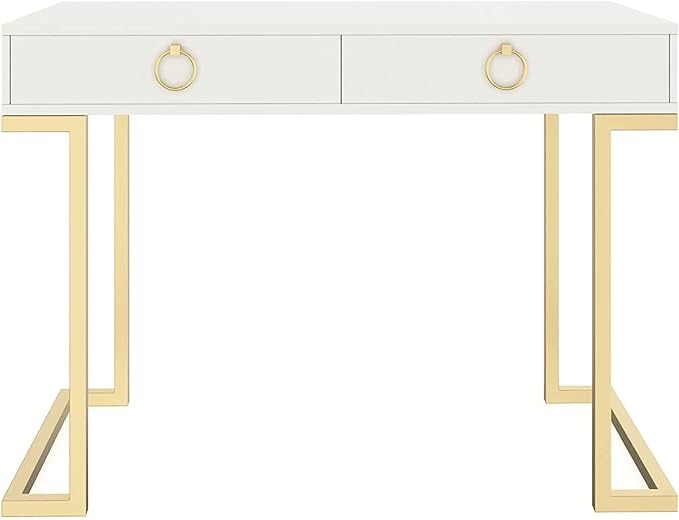 Nathan James Leighton Two-Drawer Writing Glam Accents Brass, Home Office Computer Desk or Vanity Table, 2, White/Gold, Small
