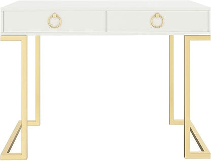 Nathan James Leighton Two-Drawer Writing Glam Accents Brass, Home Office Computer Desk or Vanity Table, 2, White/Gold, Small