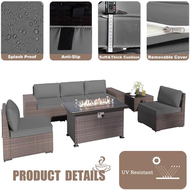 Patio Furniture Sectional Sofa Set 7 Pieces PE Rattan Patio Conversation Set w/43in Gas Fire Pit Table, Outdoor Furniture with 55000 BTU Propane Fire Pit, Grey
