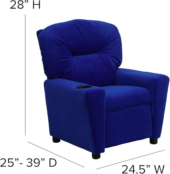 Flash Furniture Chandler Microfiber Kids Recliner with Cup Holder and Safety Recline, Contemporary Reclining Chair for Kids, Supports up to 90 lbs., Blue