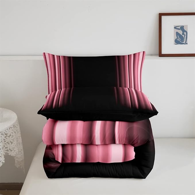 Feelyou Abstract Ombre Comforter Set Kids Teens Pink Black Bedding Set Room Decor 3Pcs Queen Size,Reversible Black Boys