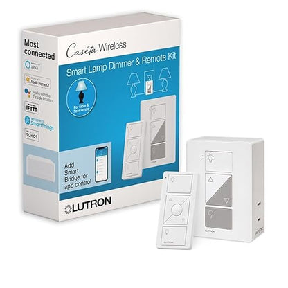 Lutron Caseta Smart Lamp Dimmer 3-Way Kit and Pico Remote, for Floor and Table Lamps, for Dimmable LED Lights, 100 Watt, Single-Pole/3-Way, P-PKG1P-WH
