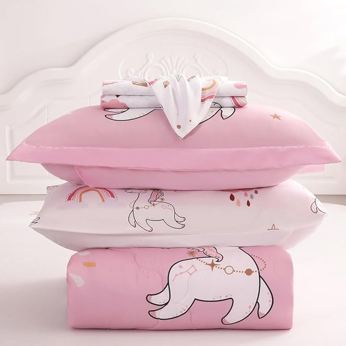 Wajade Kids Pink Unicorn Comforter Set Bed in A Bag Twin Size 7 Piece Cute Unicorn Rainbow Clouds Bedding Set for Girls (1 Comforter, 1 Flat Sheet, 1 Fitted Sheet, 2 Pillowcase and 2 Pillow Sham)