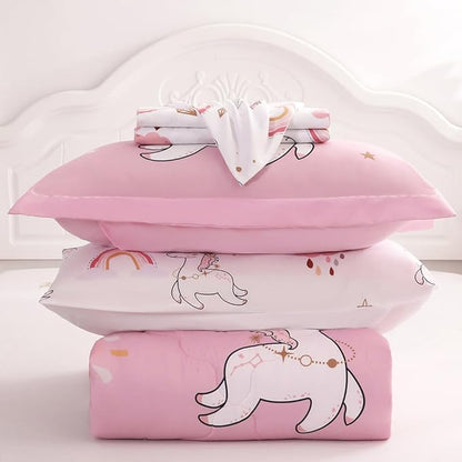 Wajade Kids Pink Unicorn Comforter Set Bed in A Bag Twin Size 7 Piece Cute Unicorn Rainbow Clouds Bedding Set for Girls (1 Comforter, 1 Flat Sheet, 1 Fitted Sheet, 2 Pillowcase and 2 Pillow Sham)